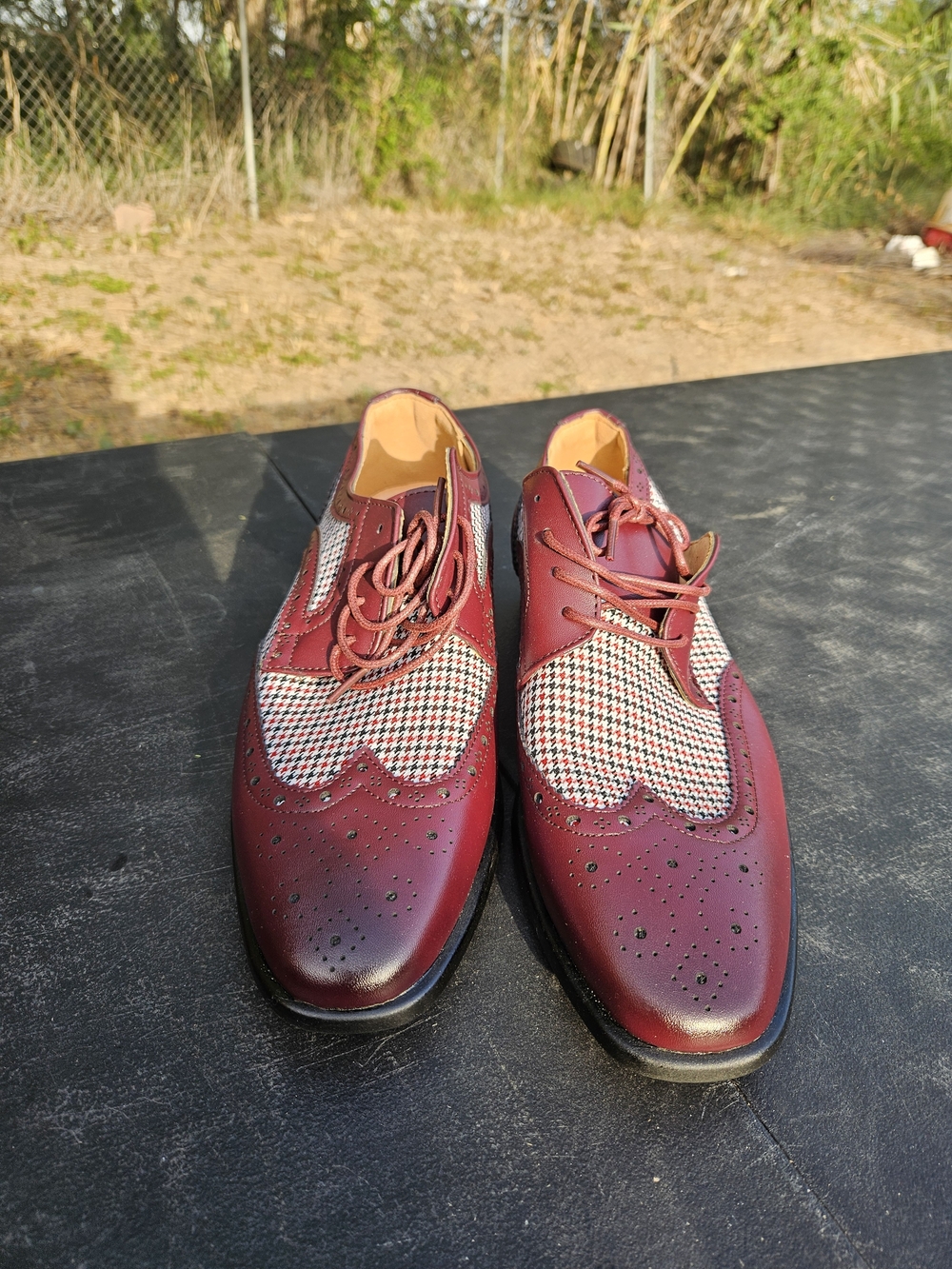 Men's Burgundy Wingtip Lace-Up Dress Shoes with Houndstooth Accent